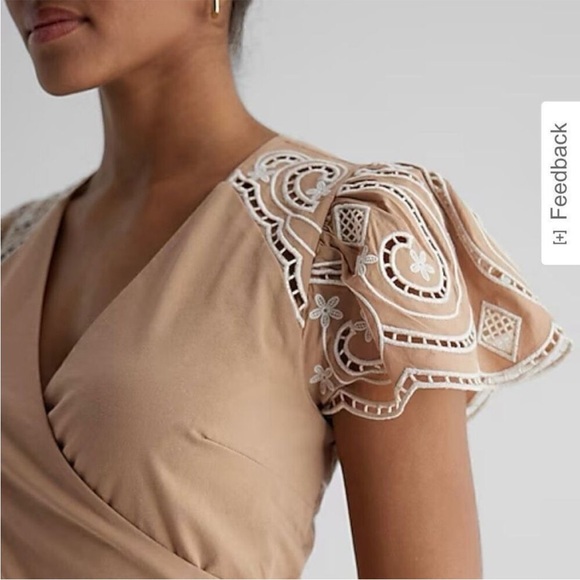 Tan Peplum Wrap Blouse with Cap Sleeves - Picture 2 of 9